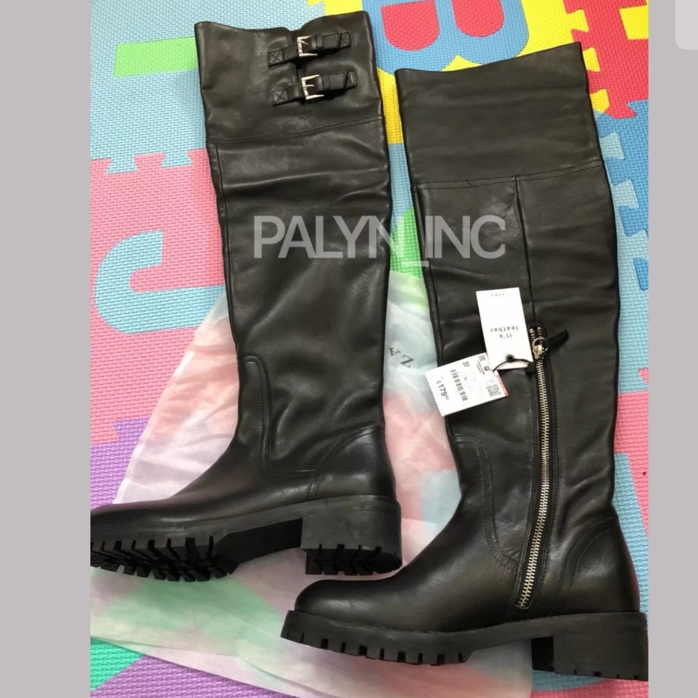 NWT ZARA 100% COW LEATHER OVER THE KNEE FLAT BOOTS